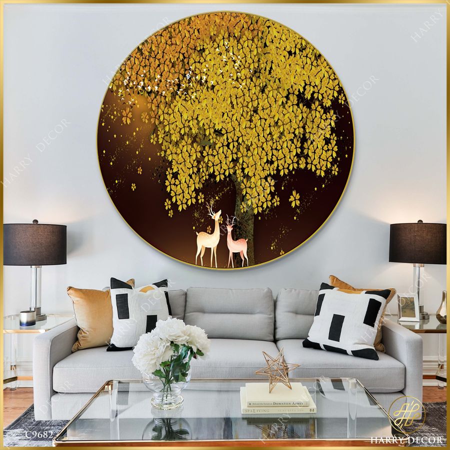  Tranh Tròn Đôi Tuần Lộc Dưới Táng Cây To 1 C9682 