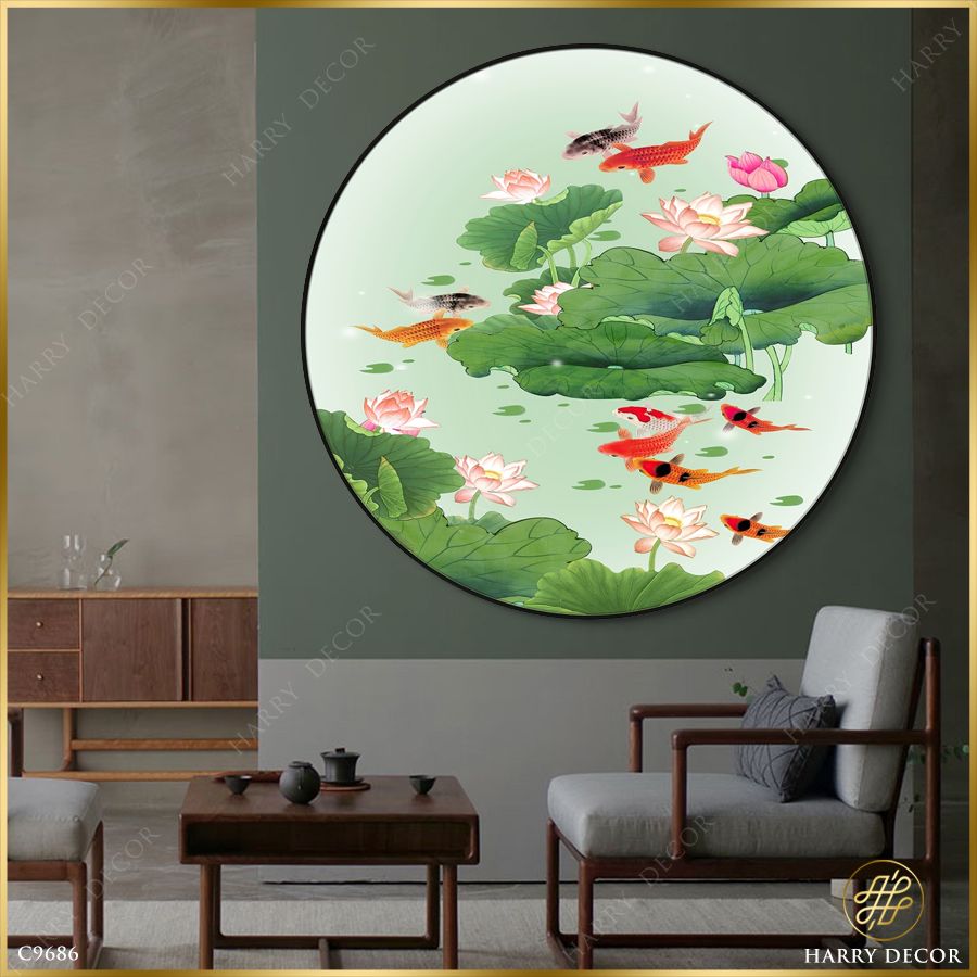  Tranh Tròn Đàn Cá Sinh Động Bên Hoa Sen 4 C9686 
