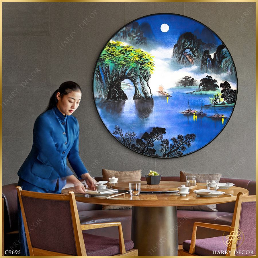  Tranh Tròn Phong Cảnh Dãy Núi Mờ Sương Đêm Trăng Trò C9695 