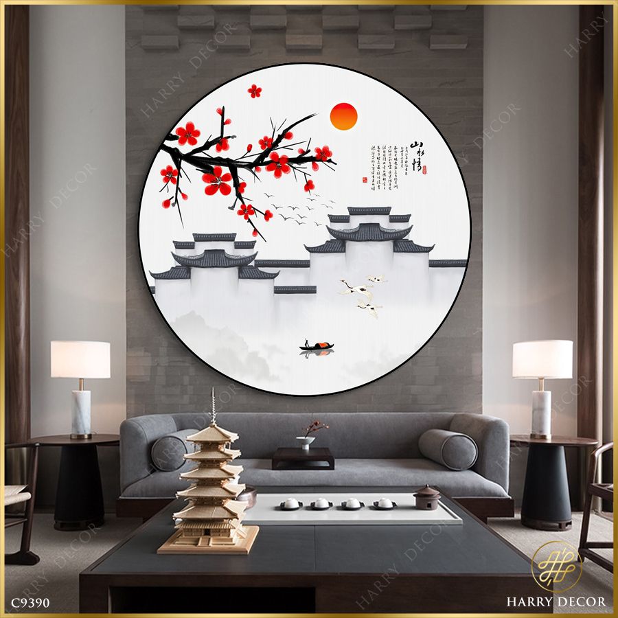  Tranh Tròn Hoa Mận Lầu Các C9390 