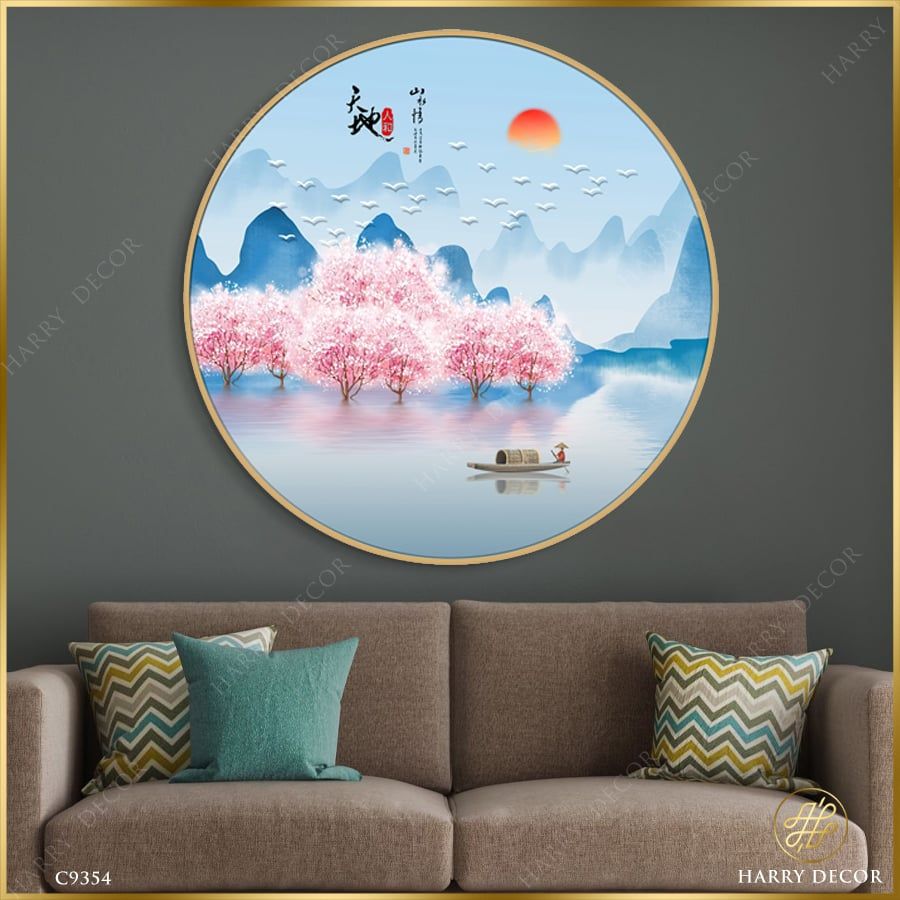  Tranh Tròn Chim Trắng Bay Trên Rừng Đào C9354 