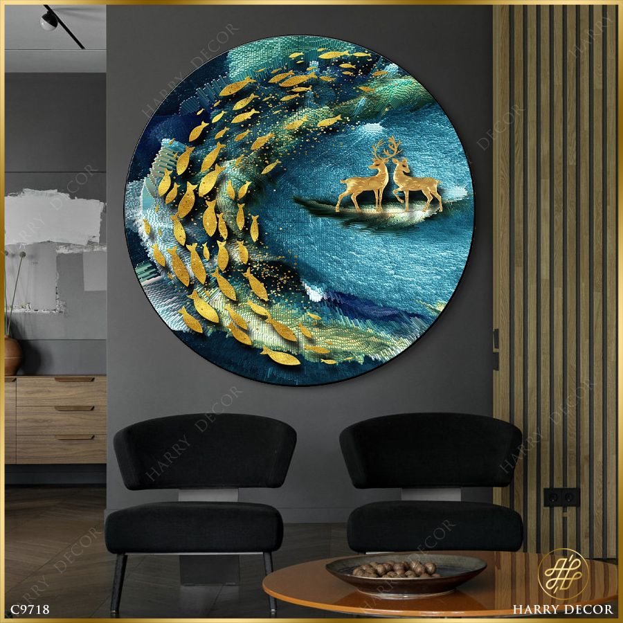  Tranh Tròn Dòng Cá Quanh Hươu Vàng C9718 