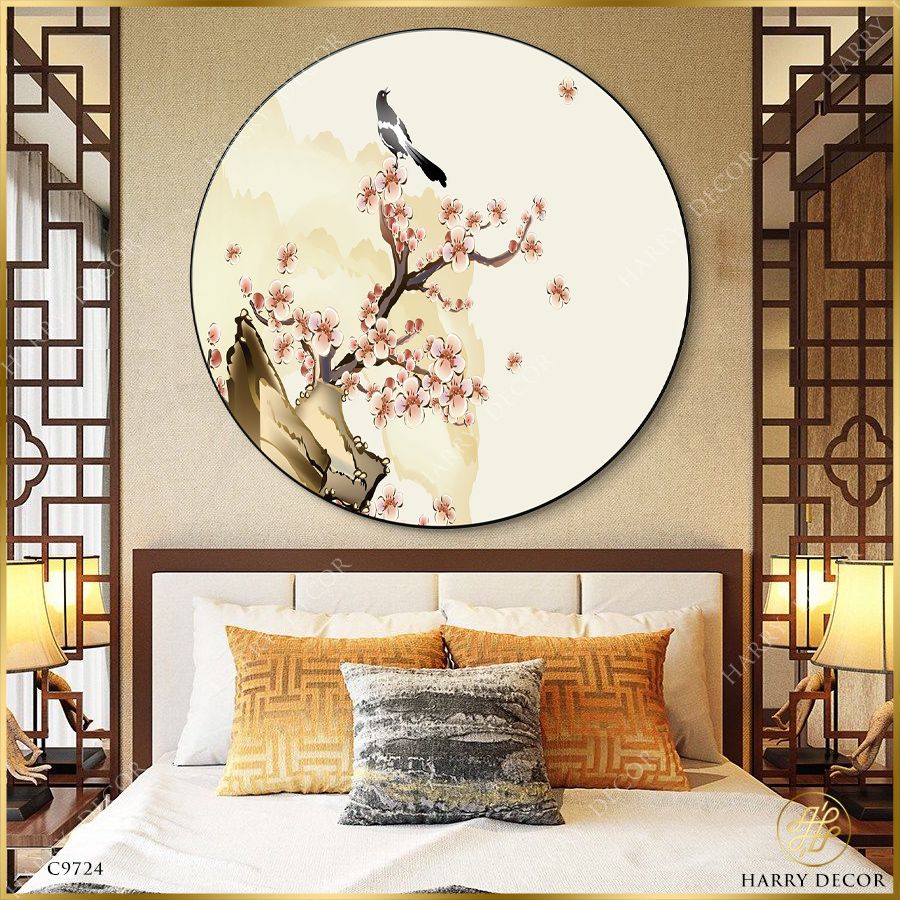  Tranh Tròn Chú Chim Trên Nhánh Mận Trắng C9724 