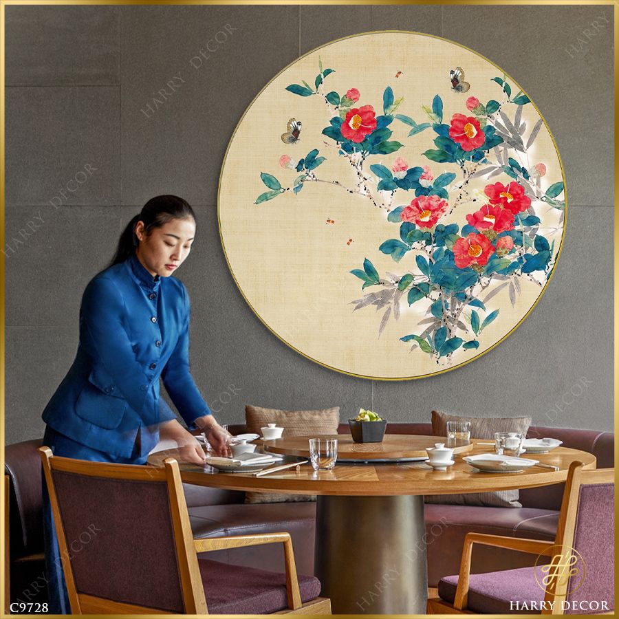  Tranh Tròn Bướm Hoa Son Sắc C9728 
