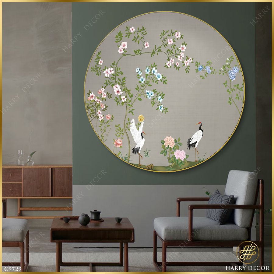  Tranh Tròn Đôi Hạc Trắng Giữa Giàn Hoa C9729 