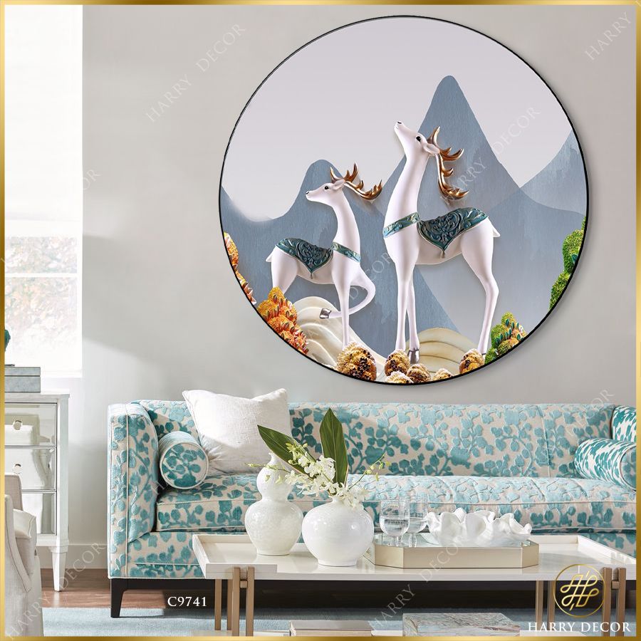  Tranh Tròn Đôi Hươu Nai Xinh Đẹp C9741 