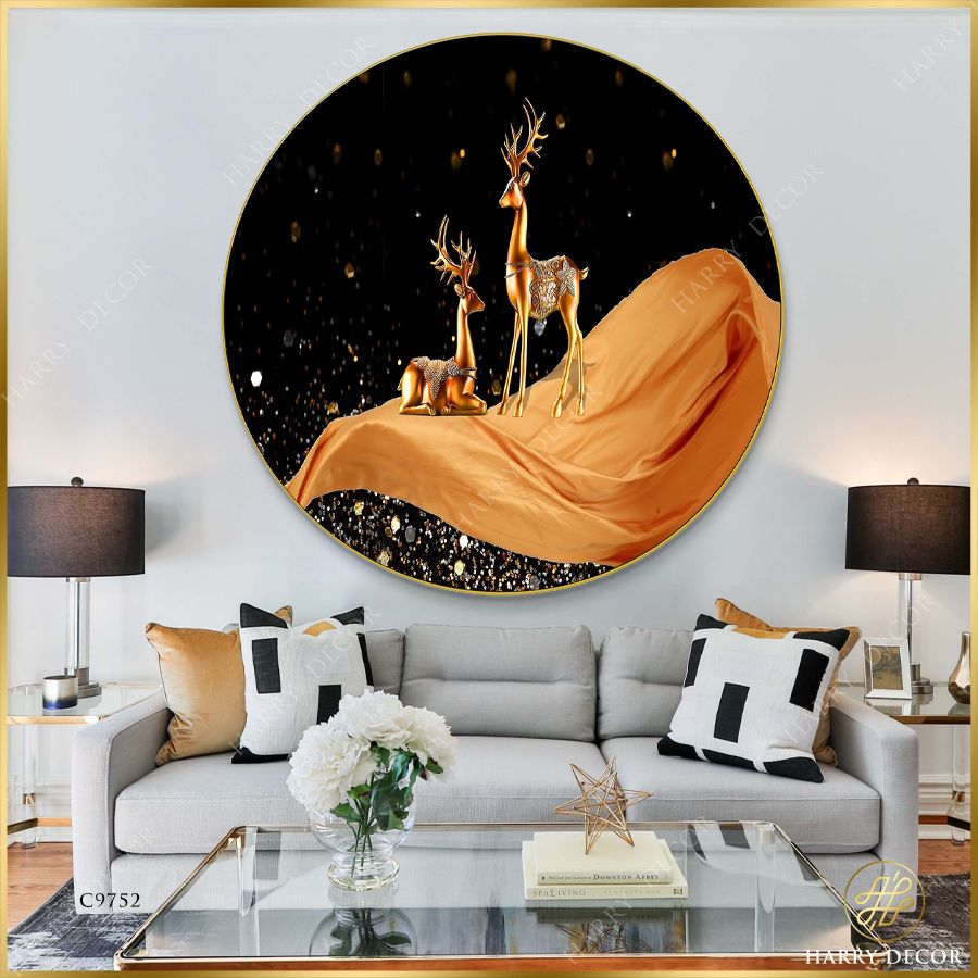  Tranh Tròn Đôi Hươu Nai Trên Thảm Vàng C9752 