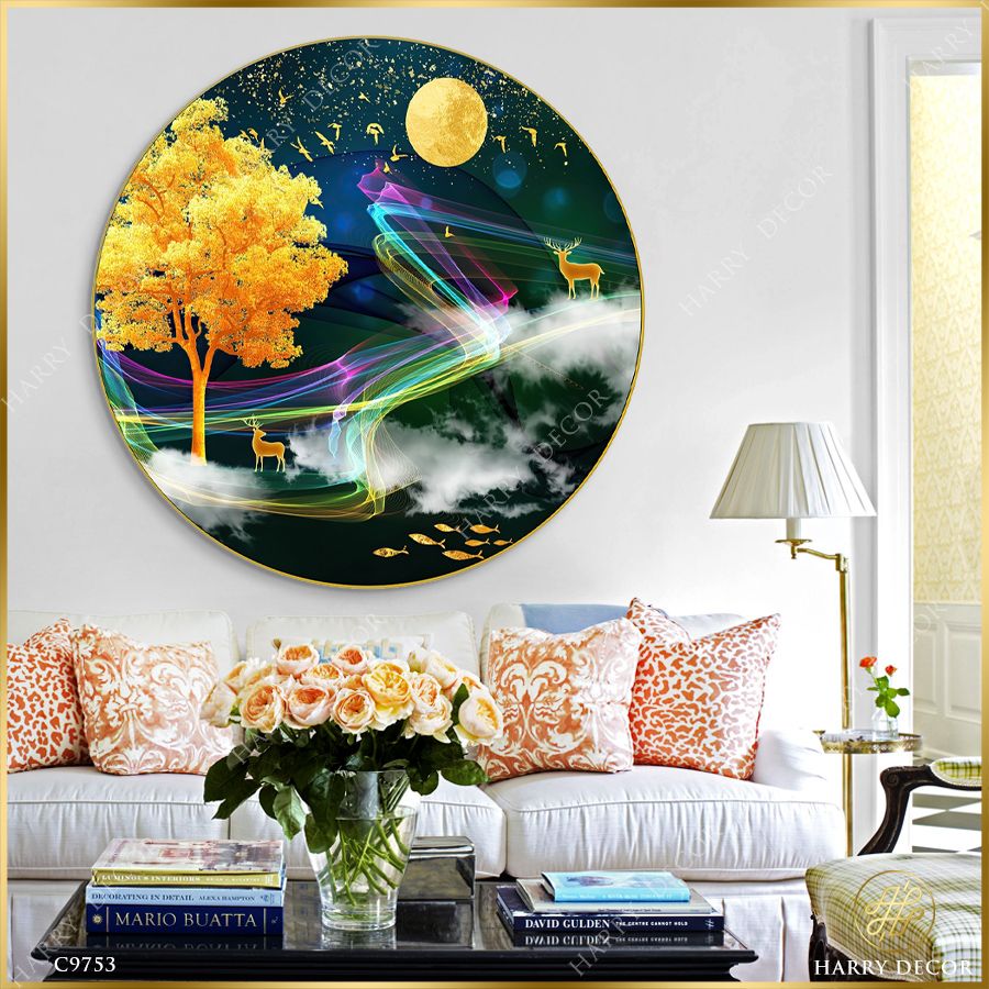  Tranh Tròn Hươu Nai Trong Sương Rực Rỡ 1 C9753 