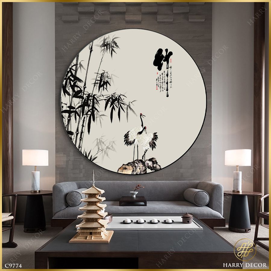  Tranh Tròn Đôi Hạc Bên Khóm Cúc C9774 