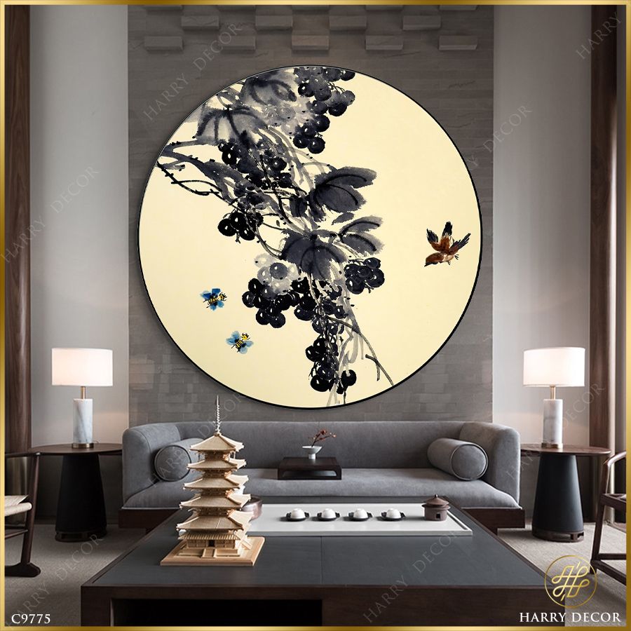  Tranh Tròn Ong Bướm Bên Nhành Lựu C9775 