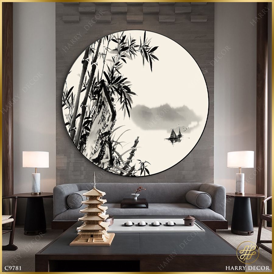  Tranh Tròn Thẳng Đứng Khóm Trúc Bên Hồ C9781 