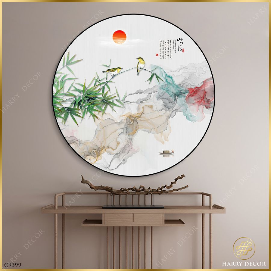  Tranh Tròn Đôi Chim Đậu Trên Nhành Trúc C9399 