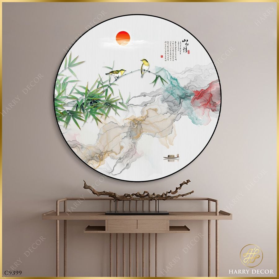  Tranh Tròn Đôi Chim Đậu Trên Nhành Trúc C9399 