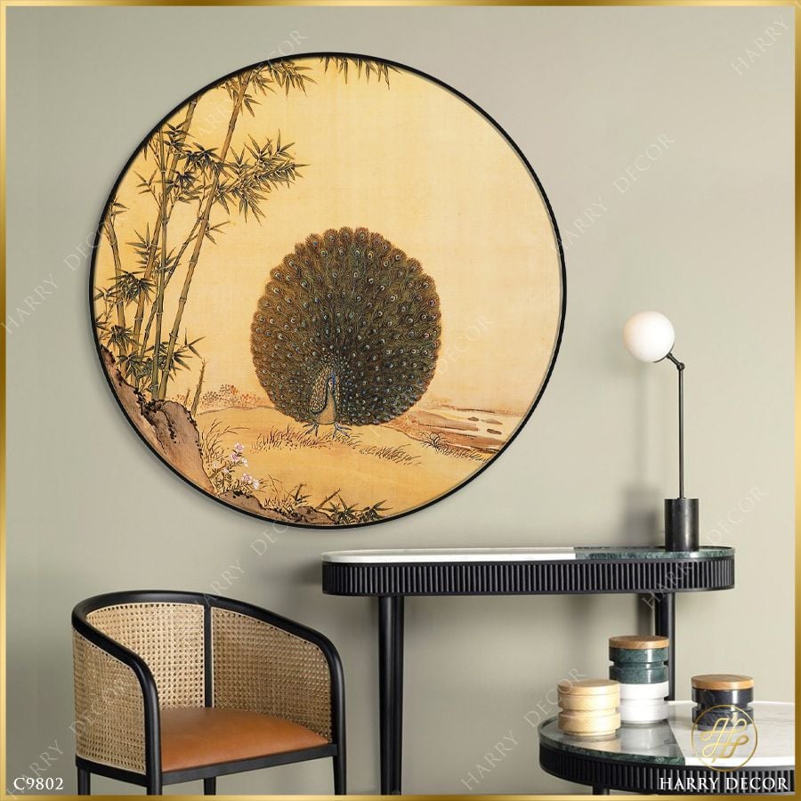  Tranh Tròn Khổng Tước Xòe Cánh Tròn C9802 