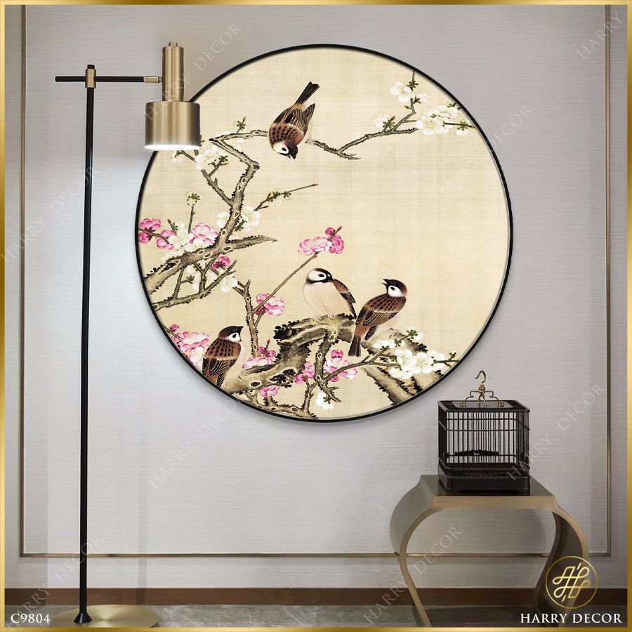  Tranh Tròn Cành Mận Chíu Chít Chim Muông C9804 