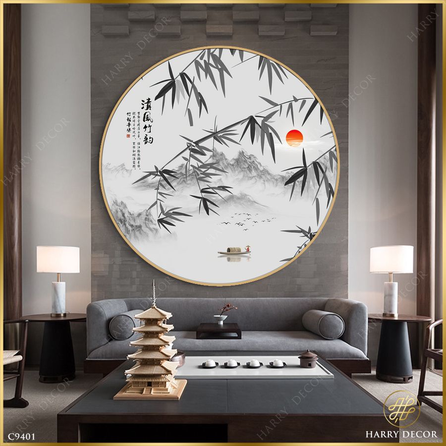  Tranh Tròn La Đà Nhánh Trúc Rũ Ven Sông C9401 