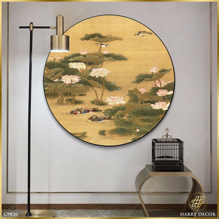  Tranh Tròn Đôi Vịt Tắm Dưới Ao Sen C9826 