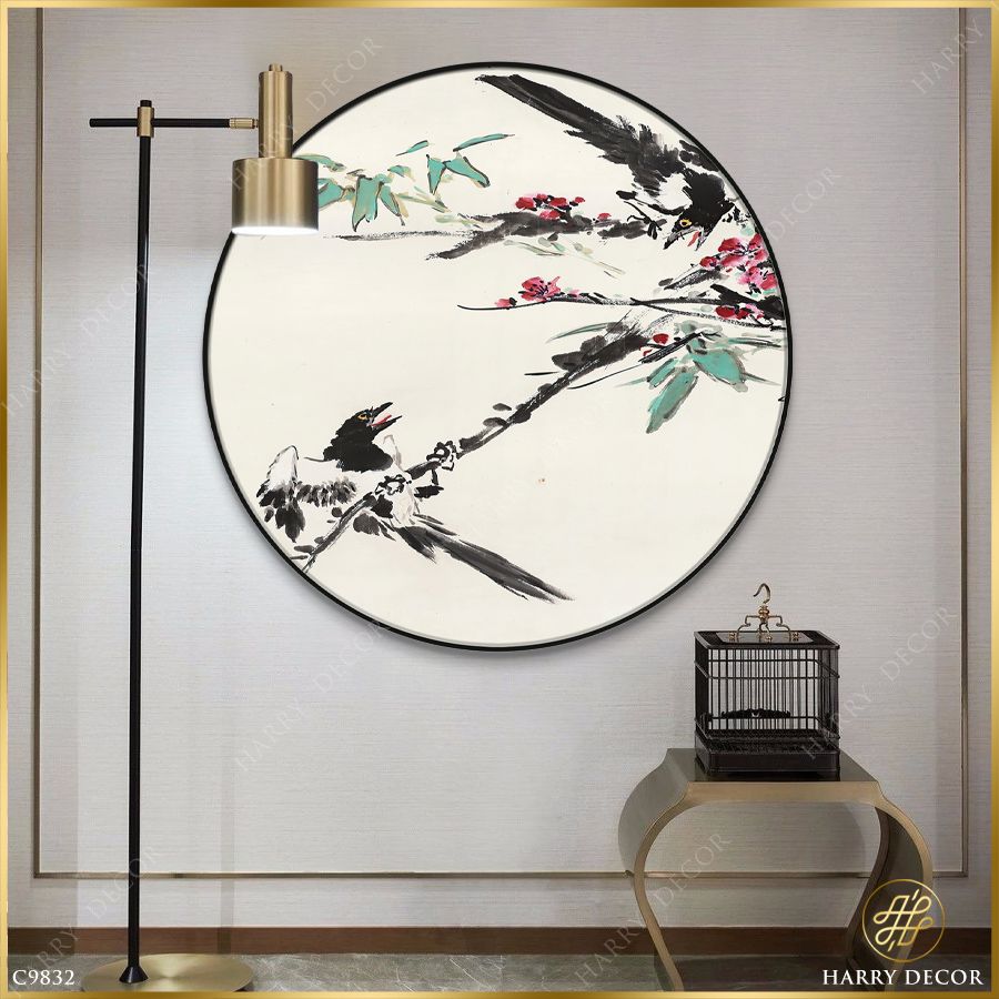  Tranh Tròn Hai Chú Chim Trắng Trên Cành Mận C9832 