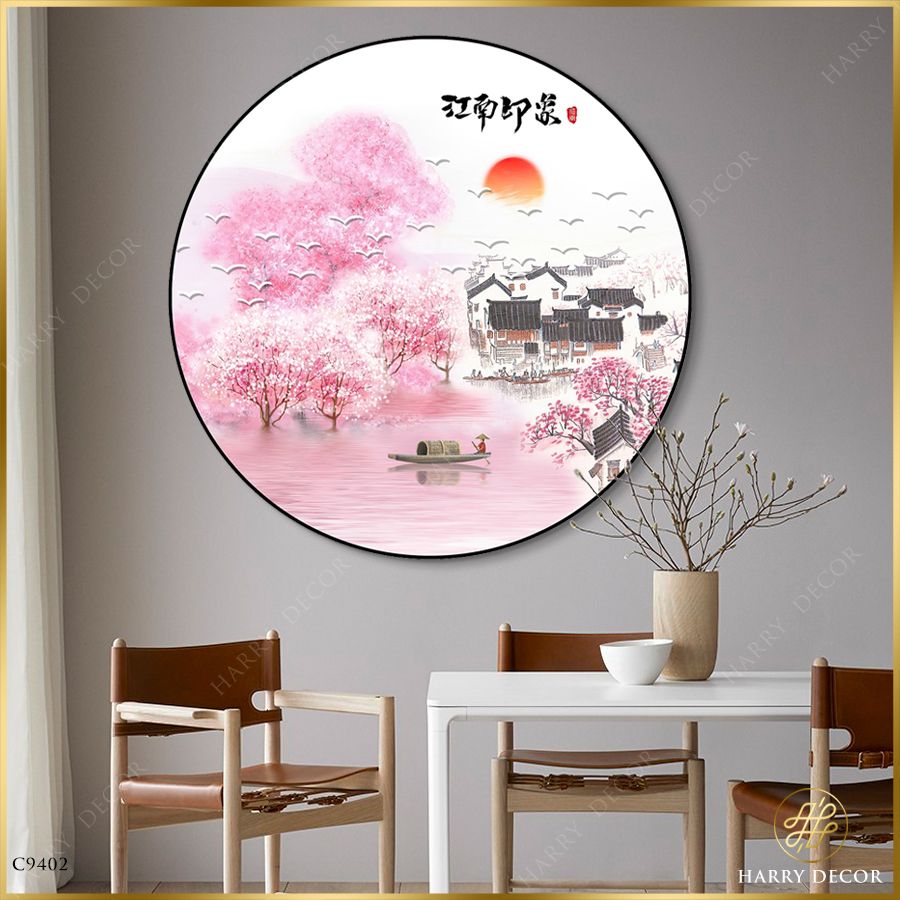  Tranh Tròn Đào Hồng Ven Trấn Nhỏ C9402 