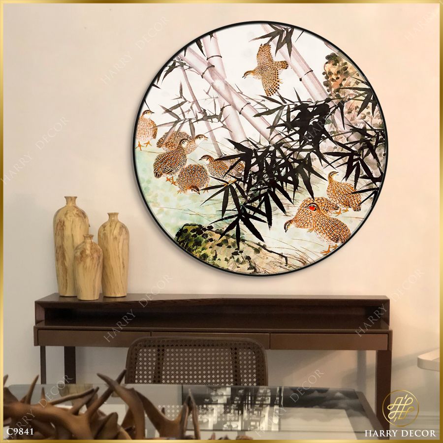  Tranh Tròn Đàn Chim Tìm Mồi Trong Khóm Trúc C9841 