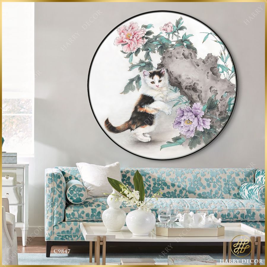  Tranh Tròn Chú Mèo Đùa Đóa Mẫu Đơn C9847 
