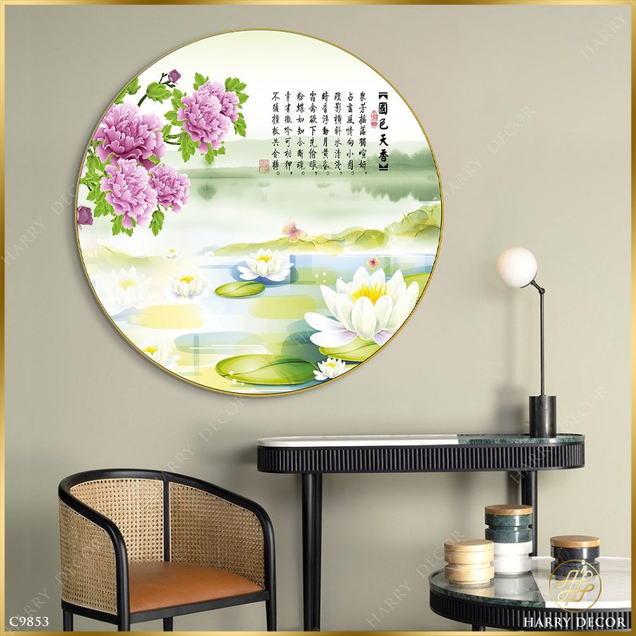  Tranh Tròn Hoa Sen Chen Sắc Mẫu Đơn C9853 