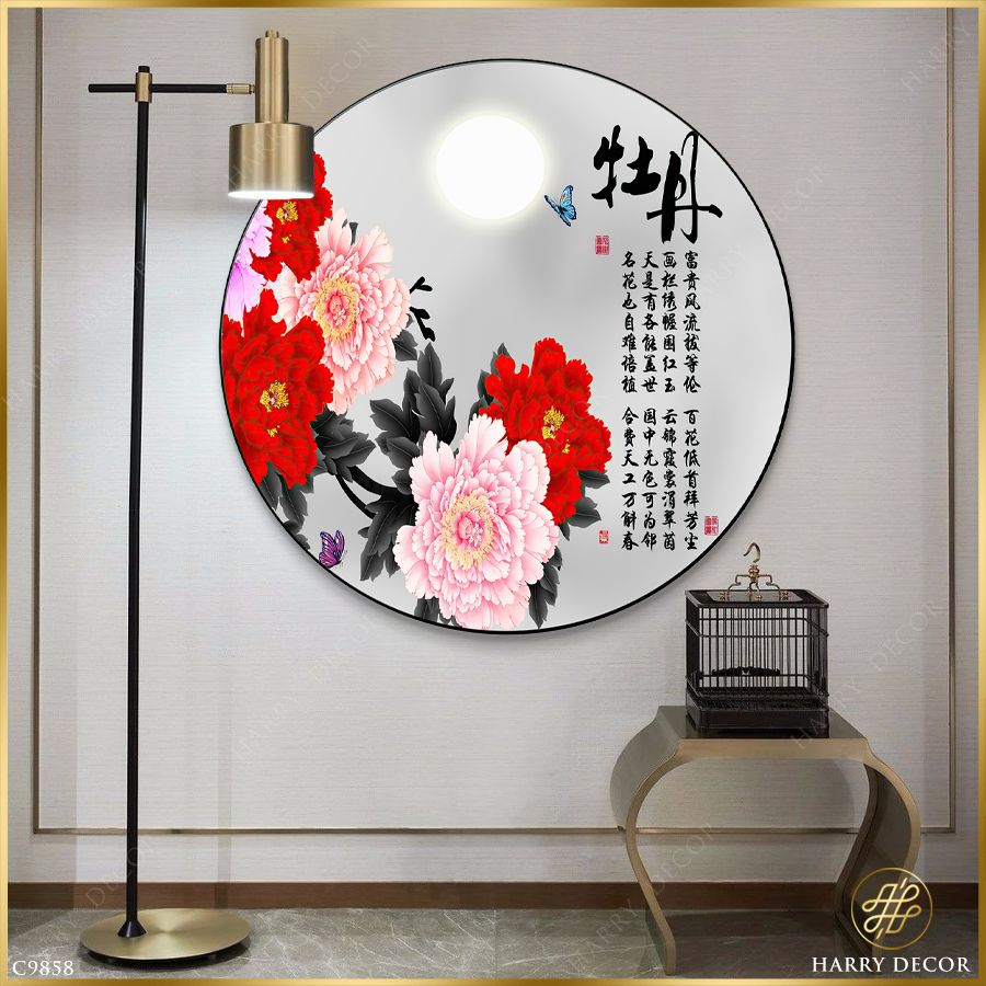  Tranh Tròn Đóa Mẫu Đơn Trăng Rằm C9858 