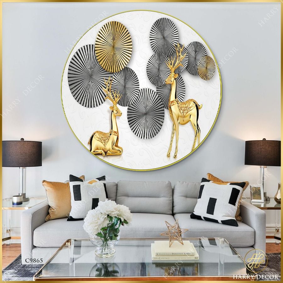  Tranh Tròn Hươu Vàng Óng Ánh 2 C9865 