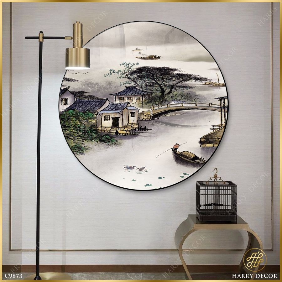  Tranh Tròn Xuồng Qua Xóm Nhỏ Cầu Qua Sông C9873 