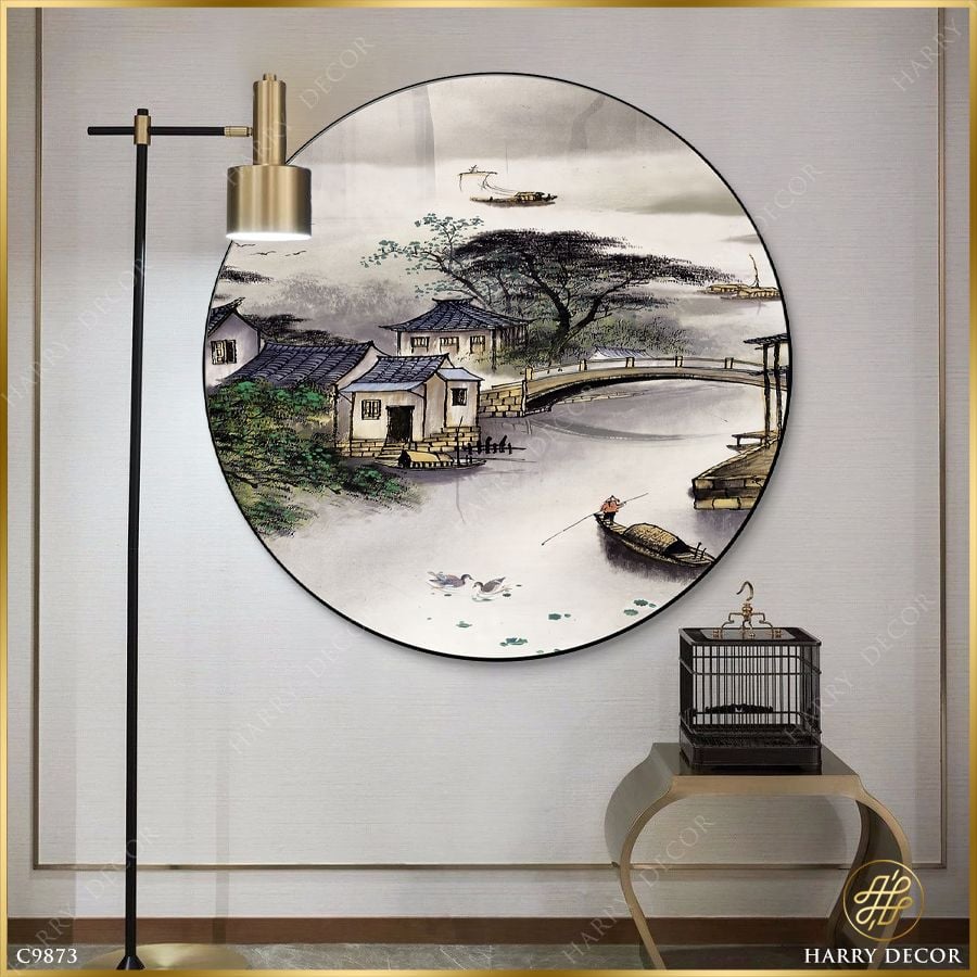  Tranh Tròn Xuồng Qua Xóm Nhỏ Cầu Qua Sông C9873 