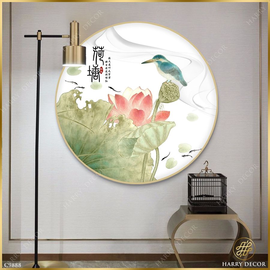  Tranh Tròn Sen Hồng Dịu Dàng Bên Chú Chim Nhỏ C9888 