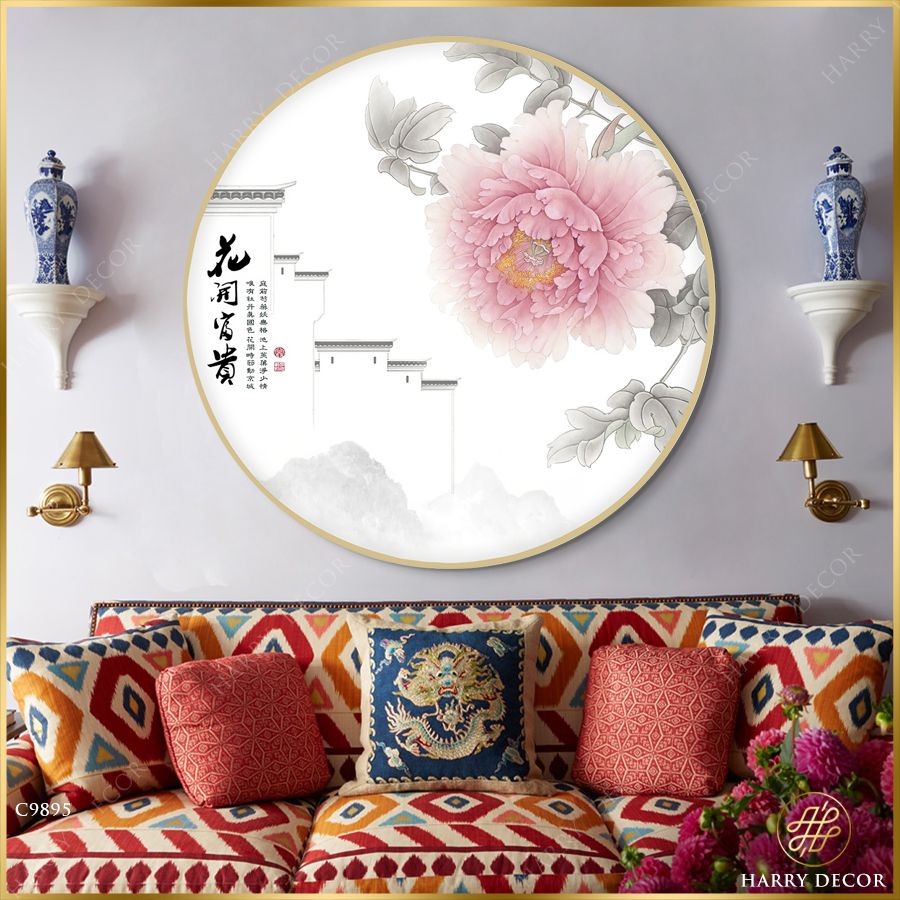  Tranh Tròn Hồng Hồng Đóa Mẫu Đơn C9895 