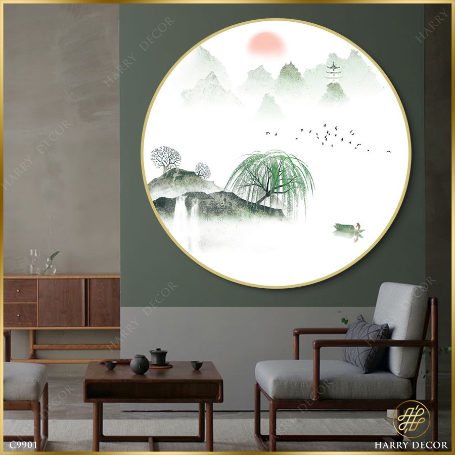  Tranh Tròn Liễu Rũ Ven Hồ Sông Buổi Sớm C9901 