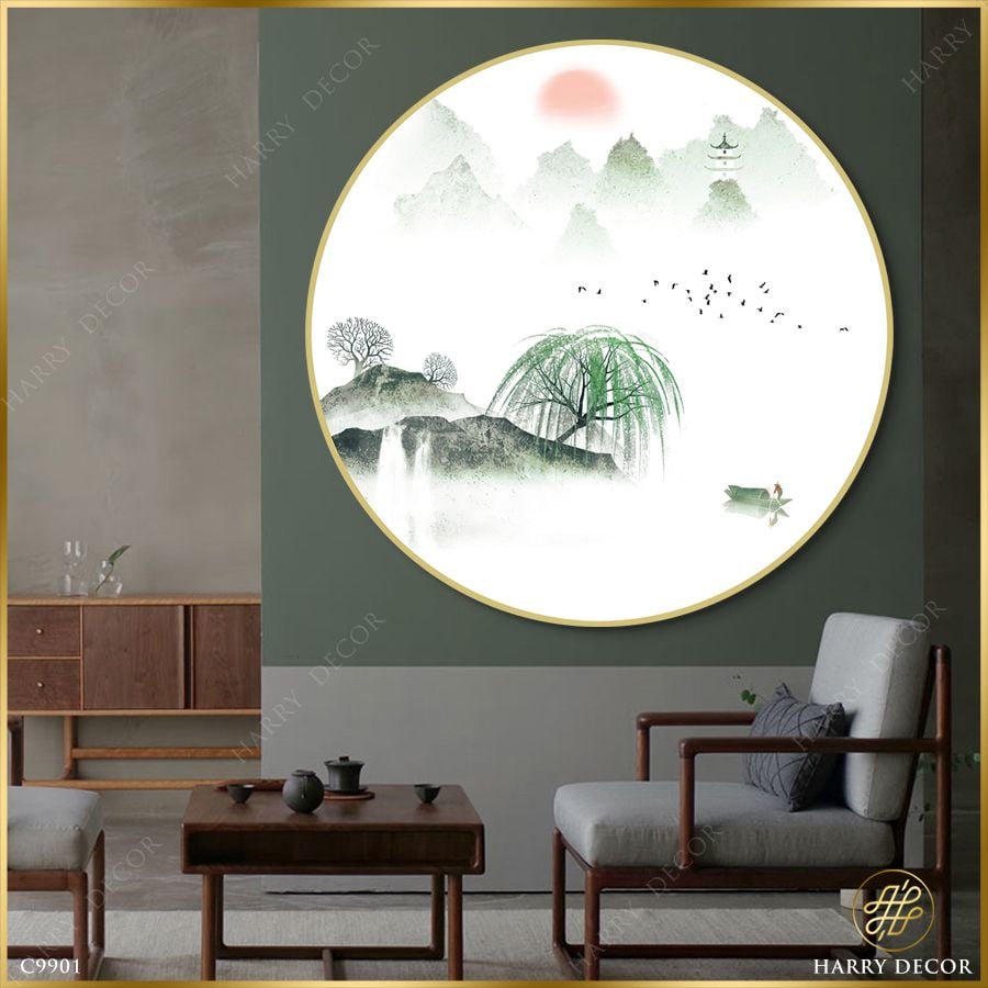  Tranh Tròn Liễu Rũ Ven Hồ Sông Buổi Sớm C9901 