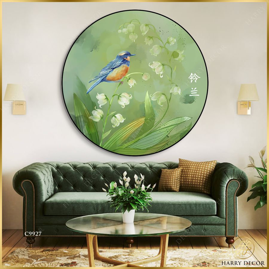  Tranh Tròn Chim bên Nhành Huệ Trắng C9927 