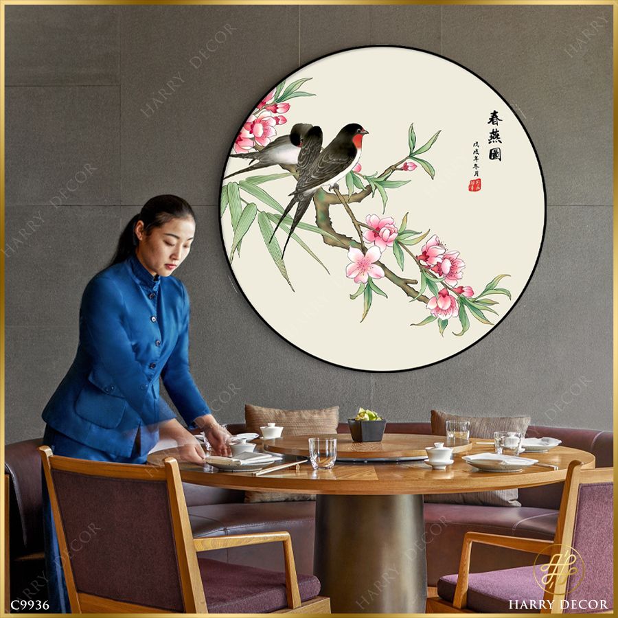  Tranh Tròn Đôi Chim Trên Cành Hoa Xuân C9936 