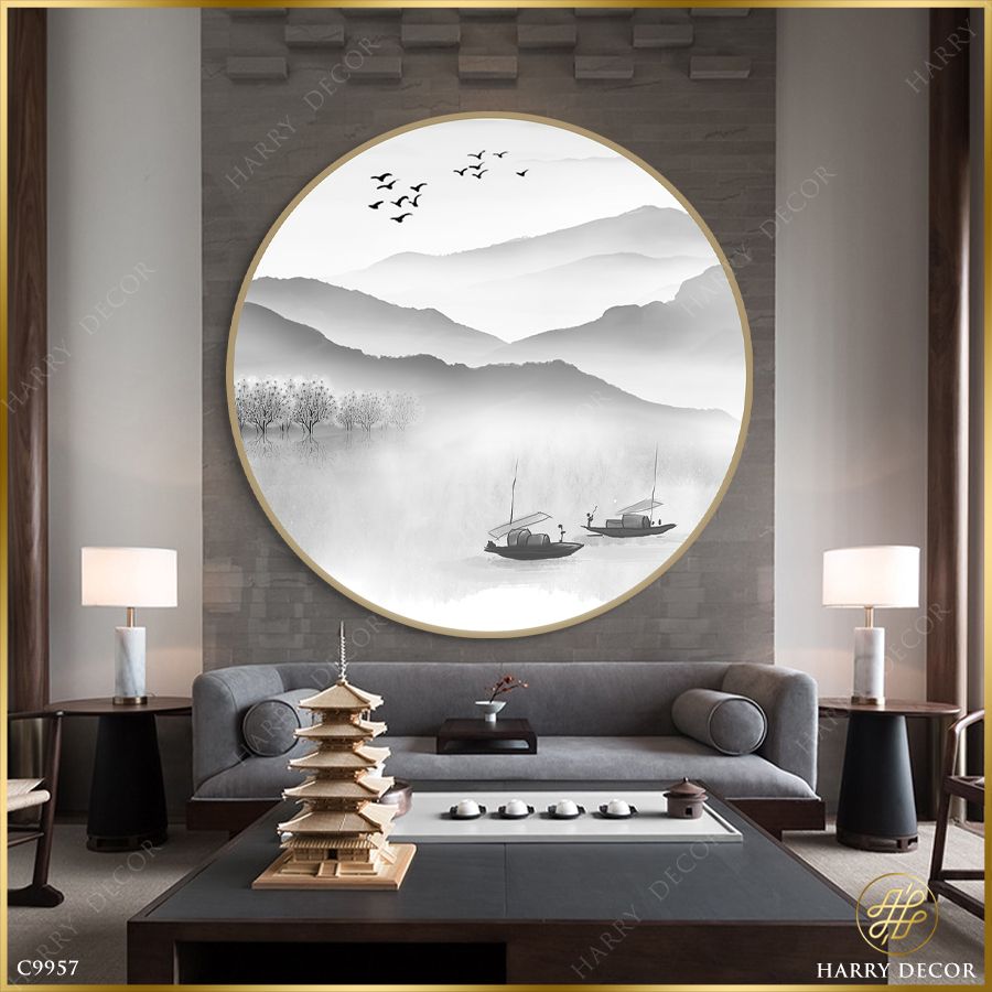  Tranh Tròn Đôi Chiếc Thuyền Trôi Qua Bến Sông C9957 