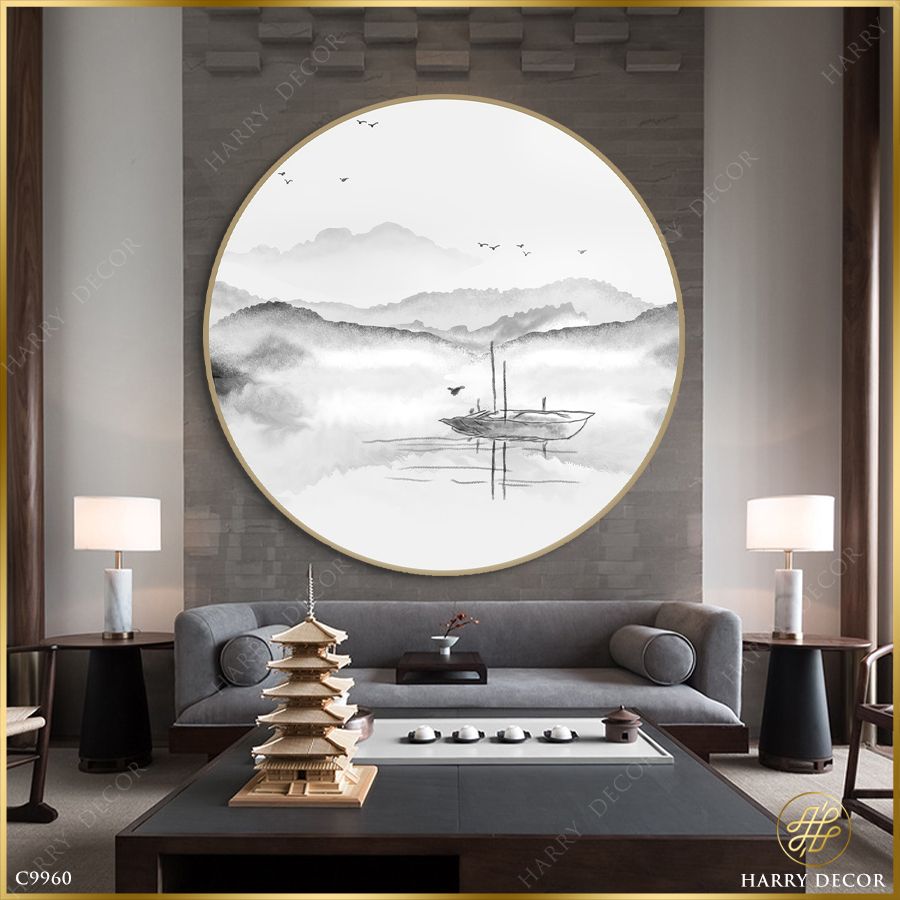  Tranh Tròn Xuồng Nhỏ Mờ Sương C9960 