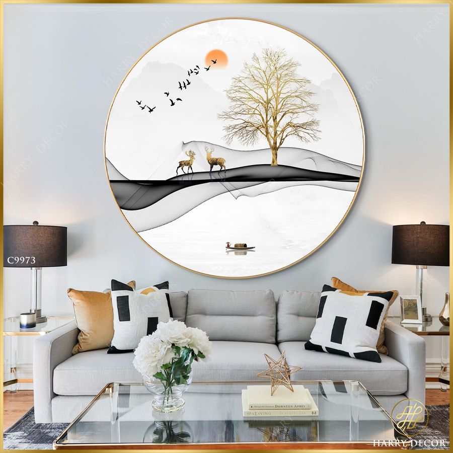  Tranh Tròn Hươu Nai Trời Chiều Bên Sông C9973 