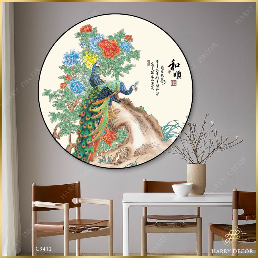  Tranh Tròn Khổng Tước Bên Mẫu Đơn Đón Gió C9412 