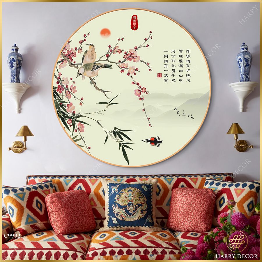  Tranh Tròn Đôi Chim Chiều Trên Nhánh Hoa Xuân C9992 