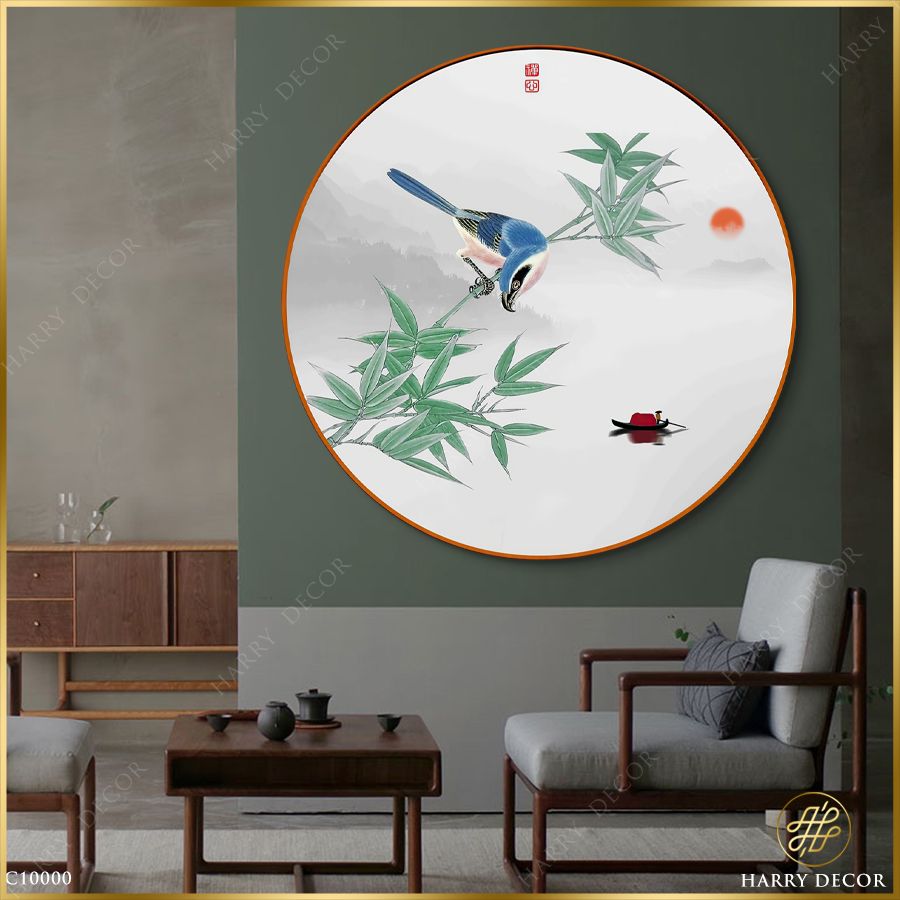  Tranh Tròn Chú Chim Hỷ Thước Trên Ngọn Trúc C10000 