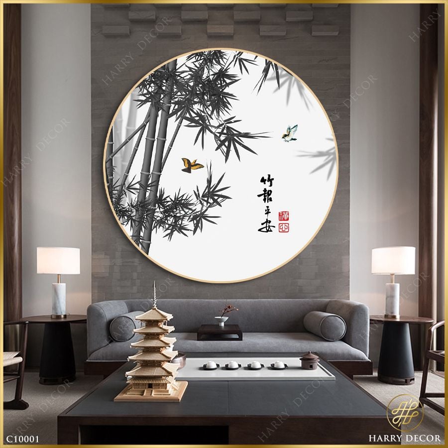  Tranh Tròn Tranh Chim Bay Vờn Quanh Lá Trúc C10001 