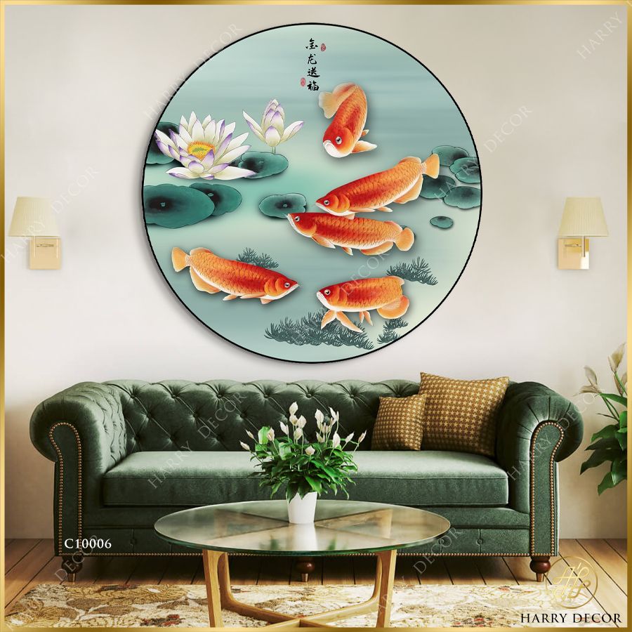  Tranh Tròn Năm Chú Cá Dưới Đầm Sen C10006 
