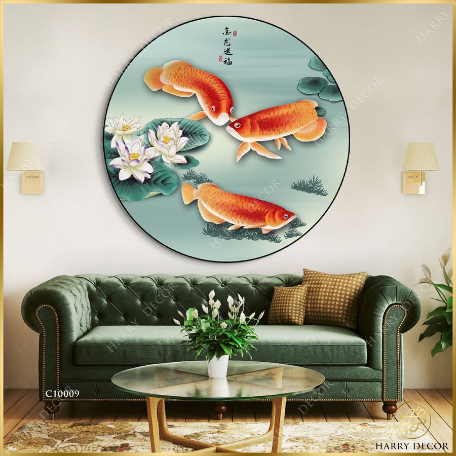  Tranh Tròn Cá Chép Bạch Liên C10009 