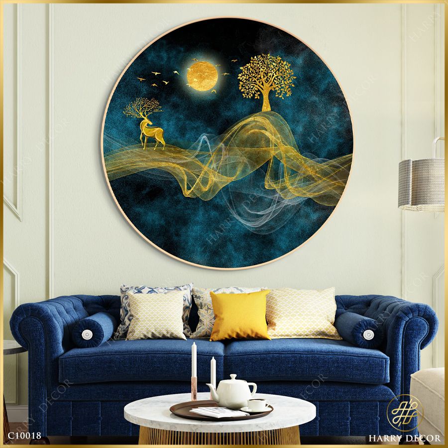  Tranh Tròn Đêm Sáng Trăng Hươu Vàng 2 C10018 