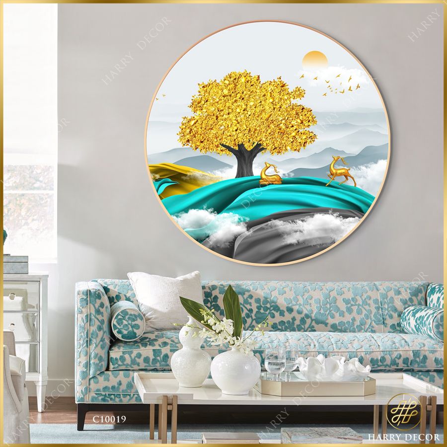 Tranh Tròn Bóng Cây To Lớn Hươu Nai Vàng 2 C10019 