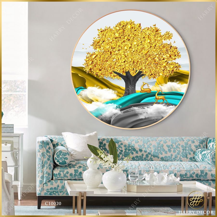  Tranh Tròn Bóng Cây To Lớn Hươu Nai Vàng 3 C10020 