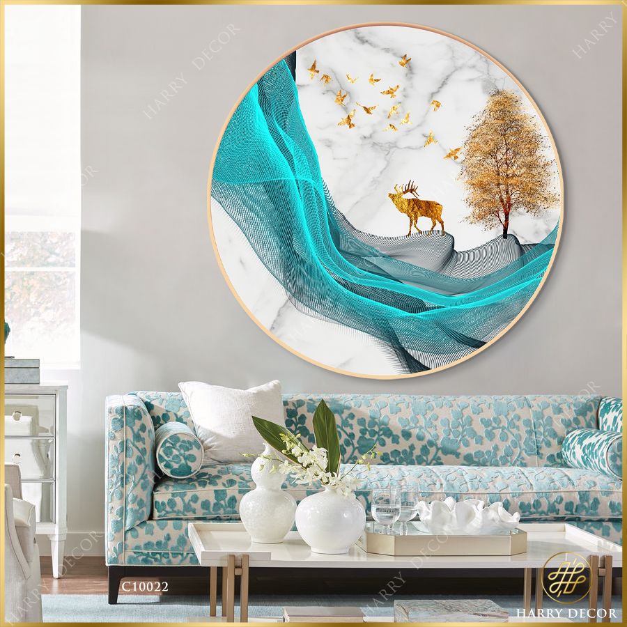  Tranh Tròn Bóng Cây To Lớn Hươu Nai Vàng 4 C10022 