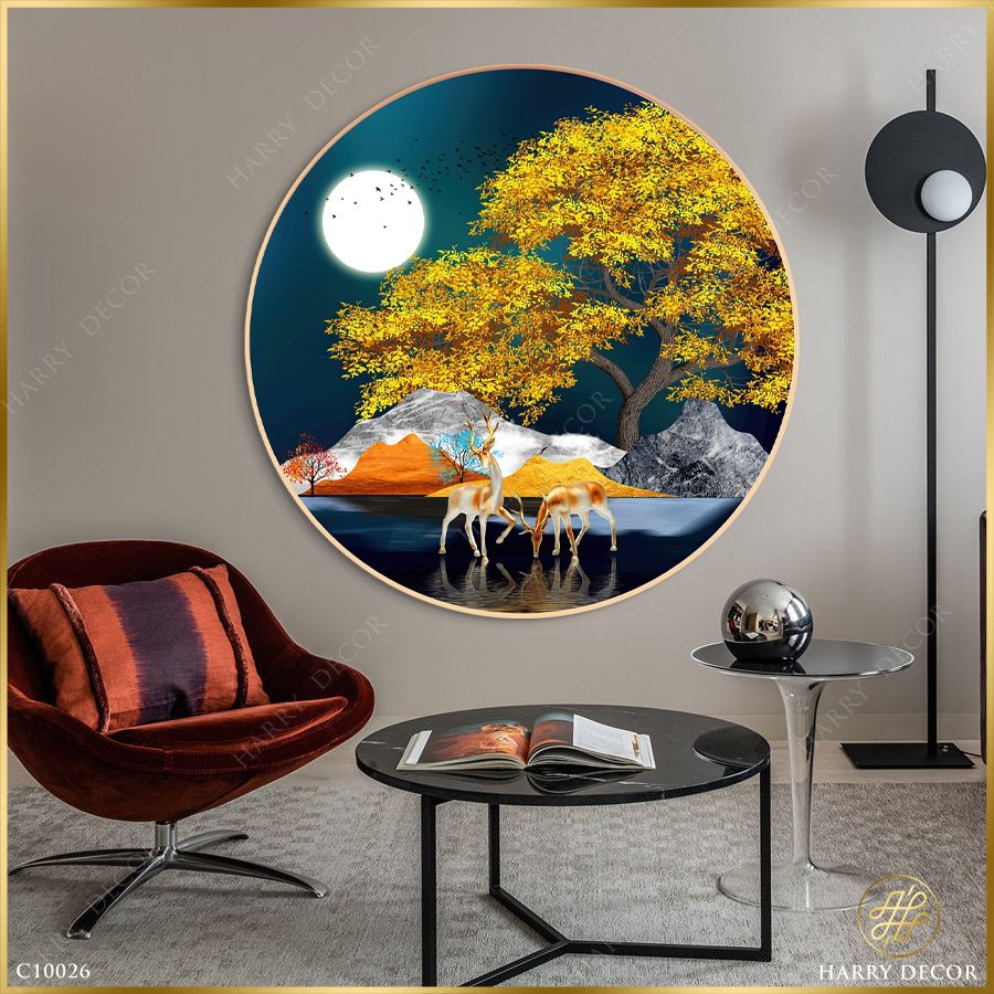  Tranh Tròn Bóng Cây To Lớn Hươu Nai Vàng 7 C10026 
